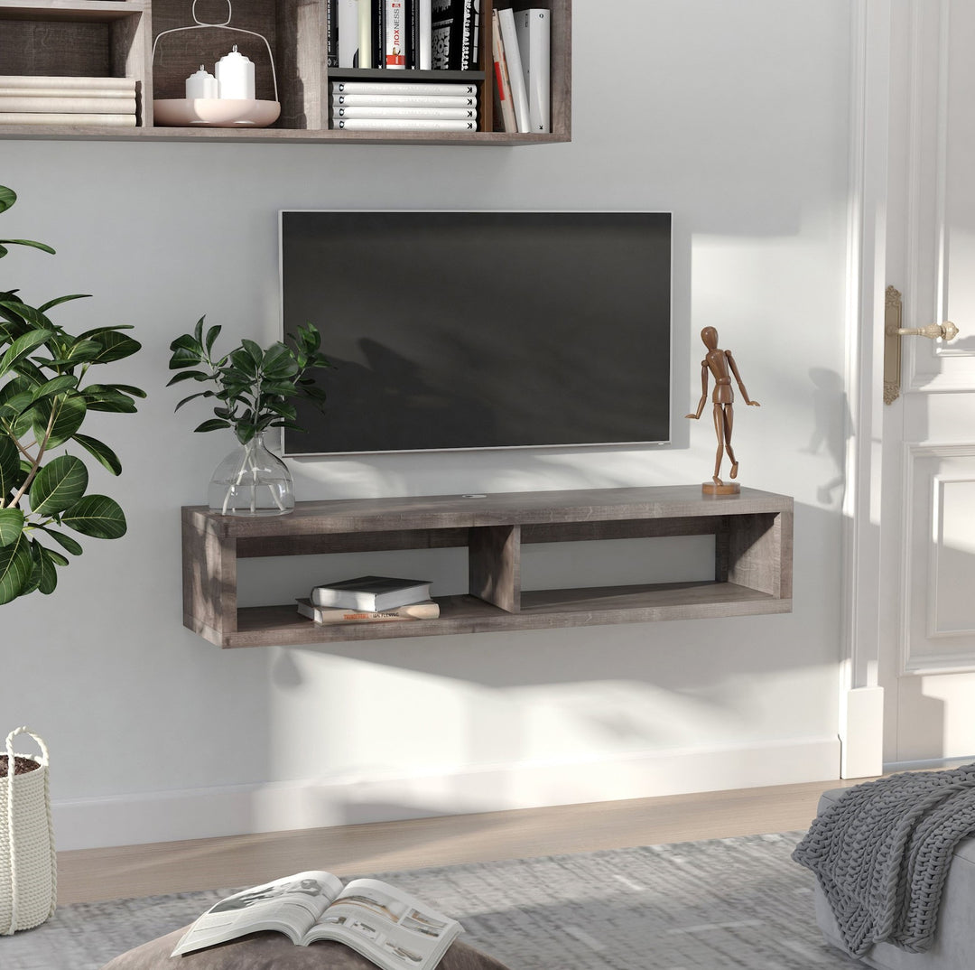 Wall-Mounted Floating Media Center Console TV Component Entertainment Shelf - Grey Woodgrain