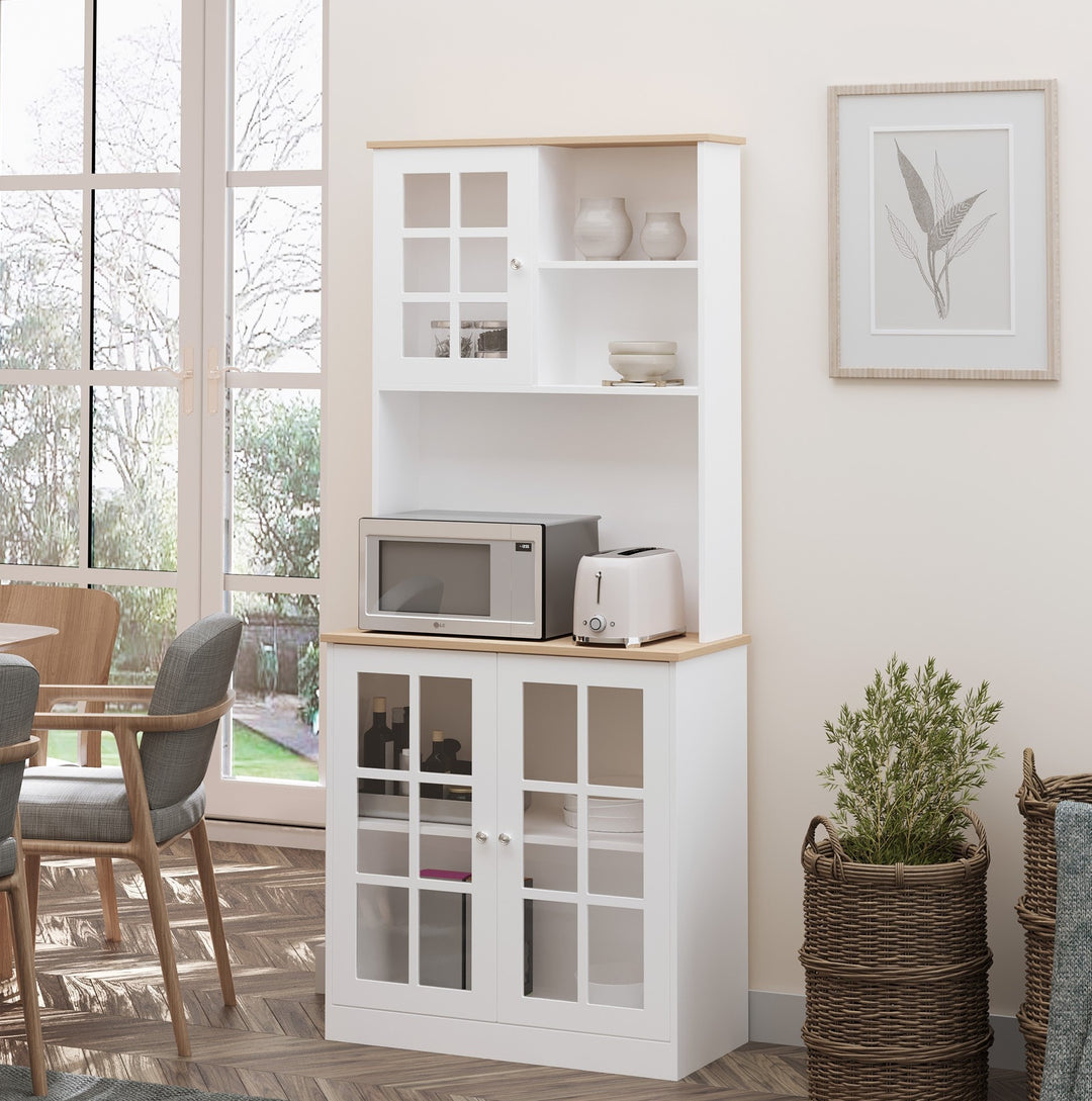 Kitchen Pantry Hutch Buffet Storage Unit w/ Cabinets Shelves & Appliance Stand - White & Oak