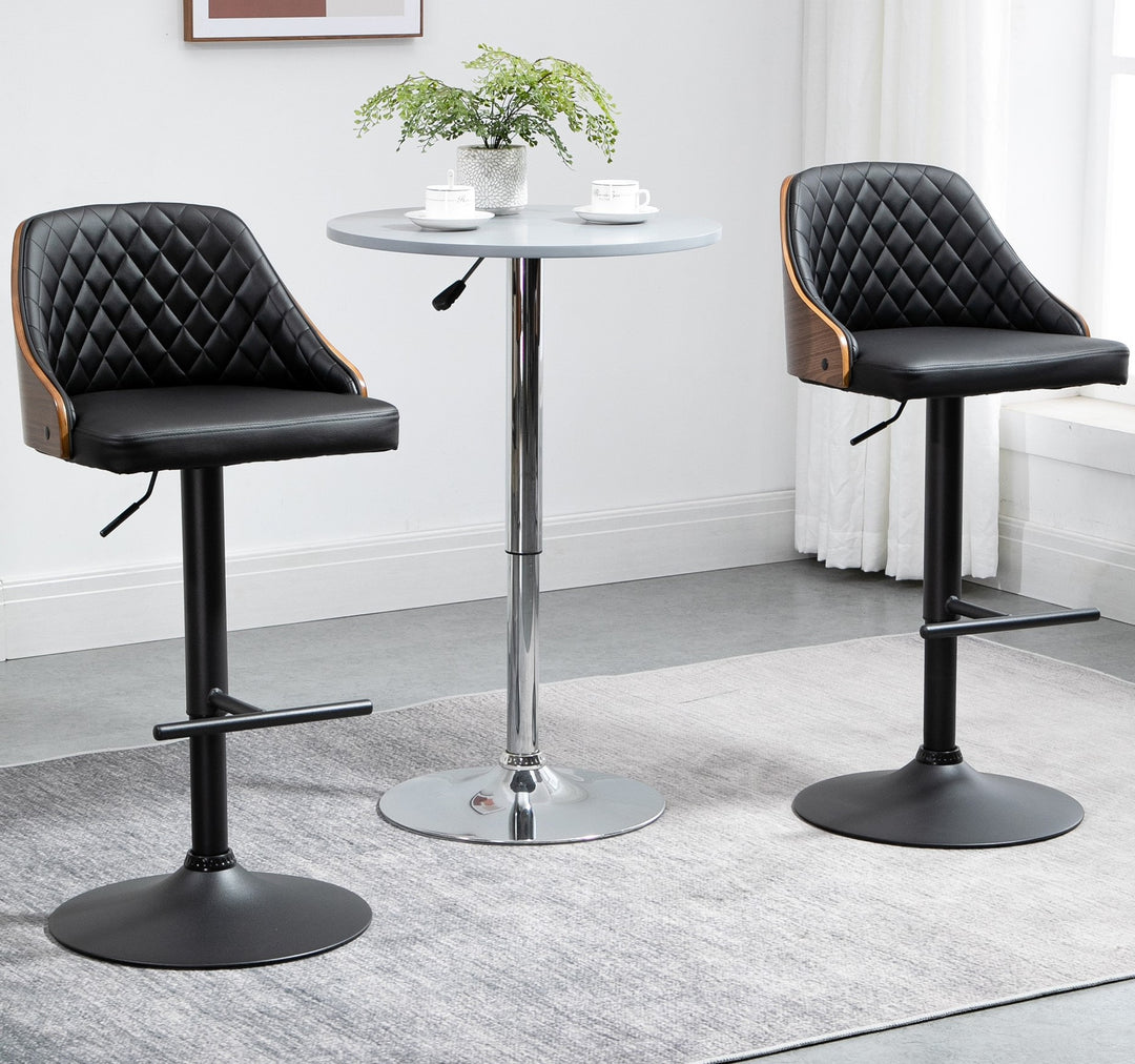 Set of 2 Modern Faux Leather Diamond Tufted Adjustable Bar Stools w/ Footrests - Coffee & Black