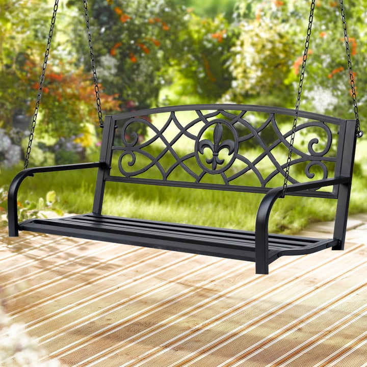 Outdoor 2-Seater Metal Decorative Hanging Swing for Patio Backyard Garden Deck Porch - Black