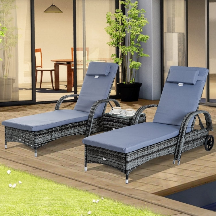 3pc PE Rattan Wicker Sun Lounger Recliner Patio Deck Chaise Set w Cushions, Table, Wheels, Grey