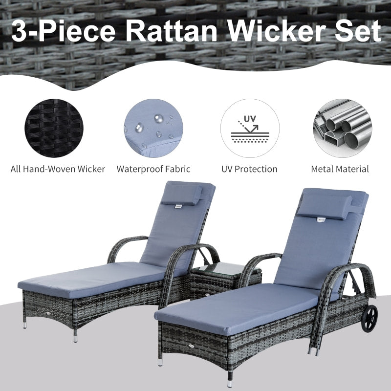 3pc PE Rattan Wicker Sun Lounger Recliner Patio Deck Chaise Set w Cushions, Table, Wheels, Grey