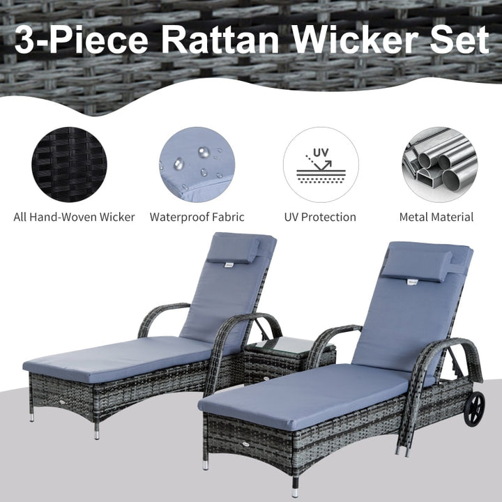 3pc PE Rattan Wicker Sun Lounger Recliner Patio Deck Chaise Set w Cushions, Table, Wheels, Grey