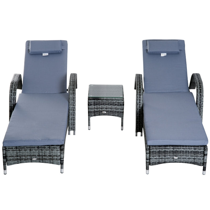 3pc PE Rattan Wicker Sun Lounger Recliner Patio Deck Chaise Set w Cushions, Table, Wheels, Grey