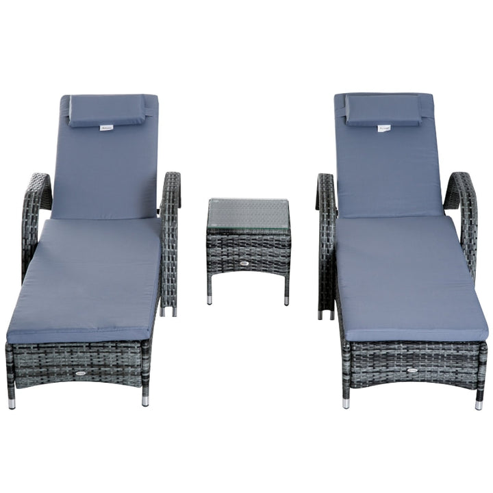 3pc PE Rattan Wicker Sun Lounger Recliner Patio Deck Chaise Set w Cushions, Table, Wheels, Grey