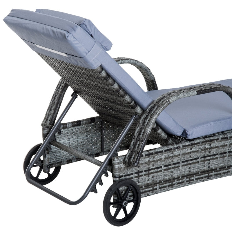 3pc PE Rattan Wicker Sun Lounger Recliner Patio Deck Chaise Set w Cushions, Table, Wheels, Grey