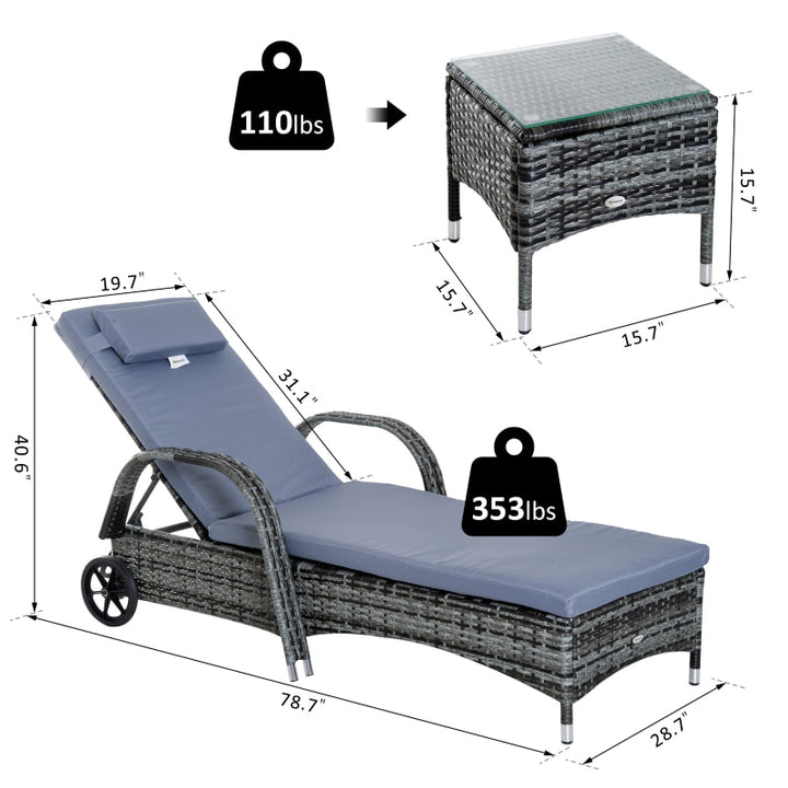 3pc PE Rattan Wicker Sun Lounger Recliner Patio Deck Chaise Set w Cushions, Table, Wheels, Grey
