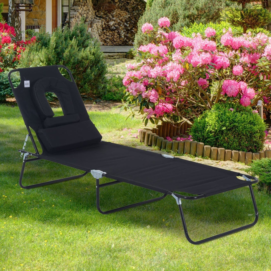 Folding Chaise Recline Sun Lounger w Pillow and Face Reading Hole, Beach Patio Pool Deck, Black