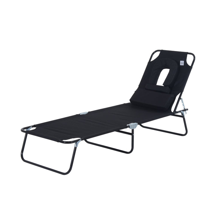 Folding Chaise Recline Sun Lounger w Pillow and Face Reading Hole, Beach Patio Pool Deck, Black