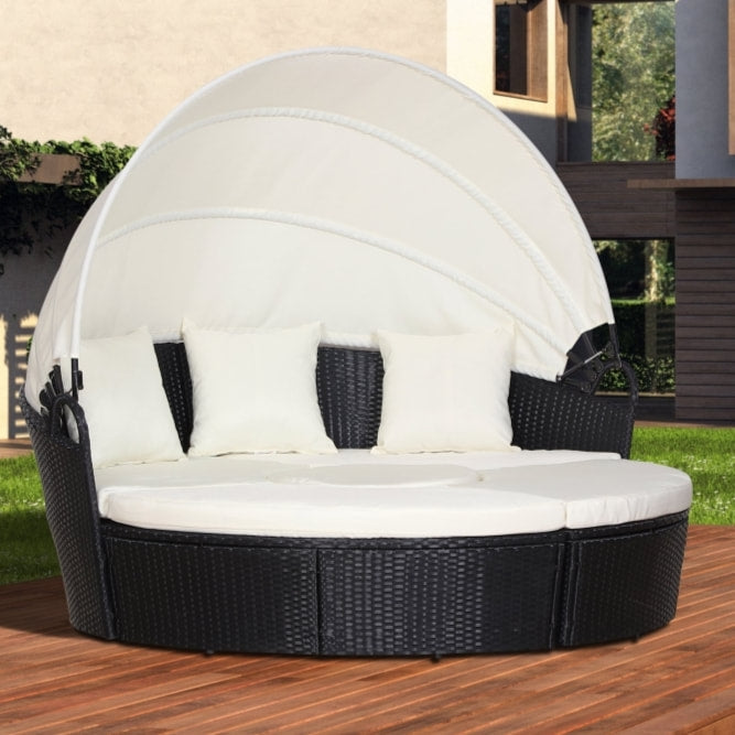 4pc PE Rattan Wicker Round Canopy Daybed Lounge Patio Sofa Set w Cushions - Black, Cream White