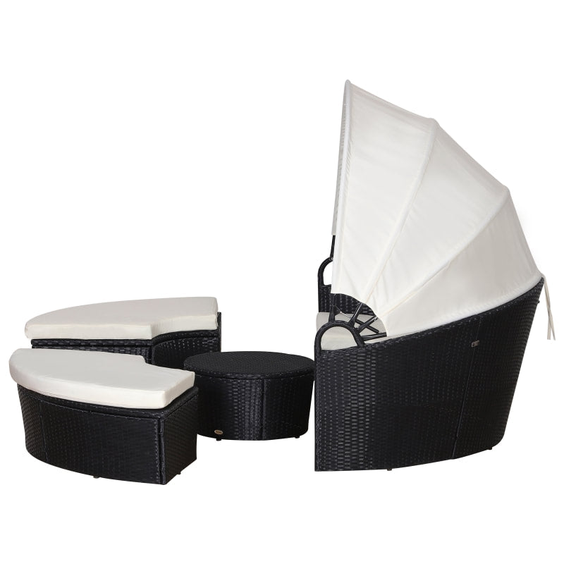 4pc PE Rattan Wicker Round Canopy Daybed Lounge Patio Sofa Set w Cushions - Black, Cream White