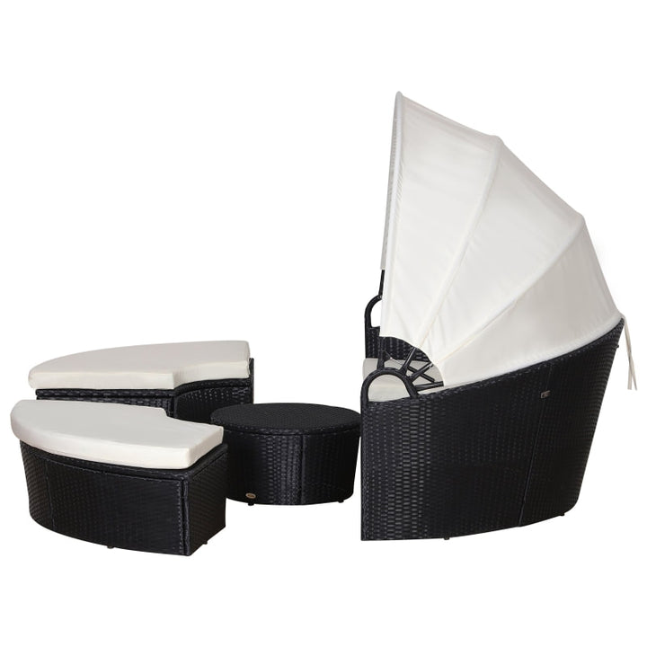 4pc PE Rattan Wicker Round Canopy Daybed Lounge Patio Sofa Set w Cushions - Black, Cream White