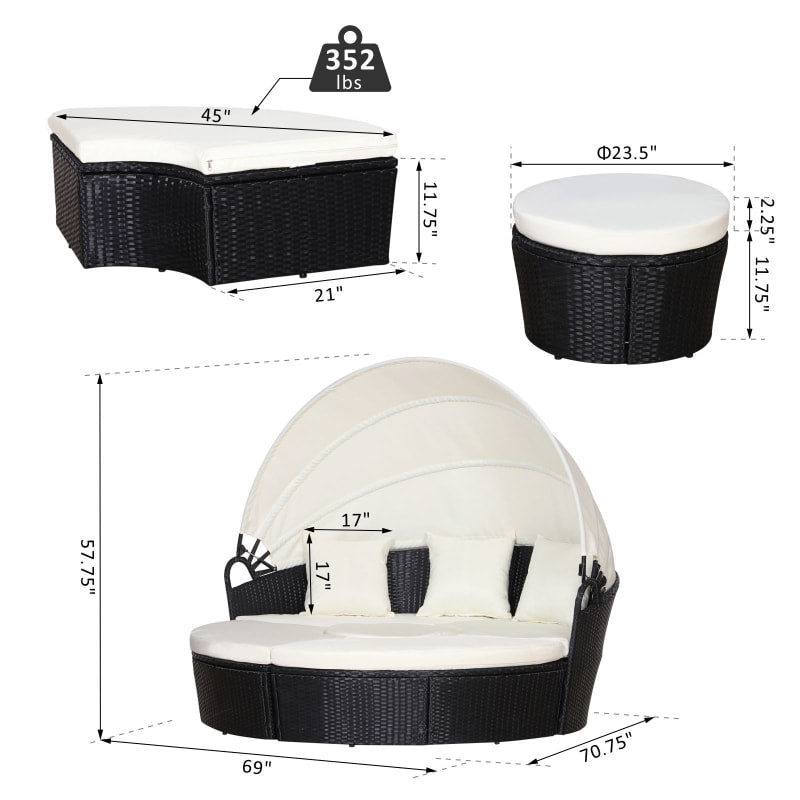 4pc PE Rattan Wicker Round Canopy Daybed Lounge Patio Sofa Set w Cushions - Black, Cream White