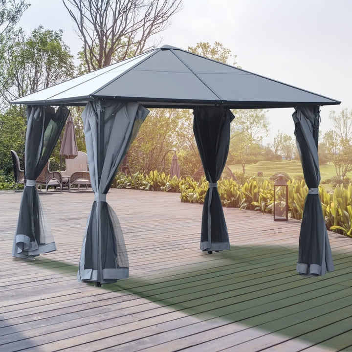 10’ x 10' Aluminum Metal PC Hardtop Gazebo Canopy Shelter w/ Curtains, Mesh Walls - Black, Grey