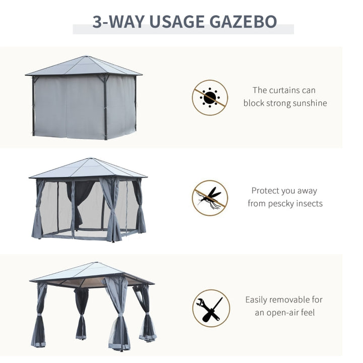 10’ x 10' Aluminum Metal PC Hardtop Gazebo Canopy Shelter w/ Curtains, Mesh Walls - Black, Grey