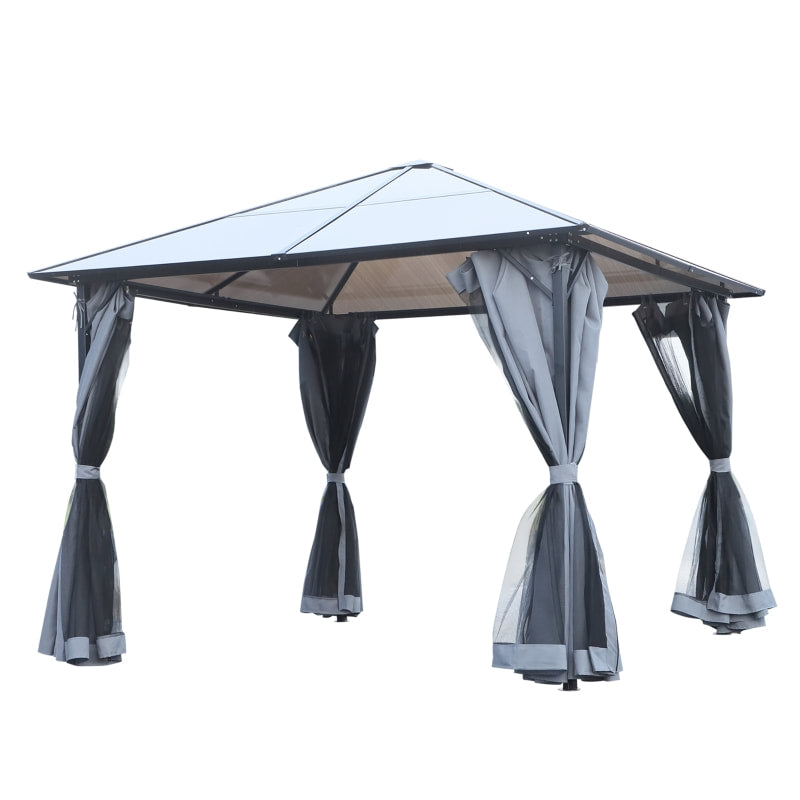 10’ x 10' Aluminum Metal PC Hardtop Gazebo Canopy Shelter w/ Curtains, Mesh Walls - Black, Grey