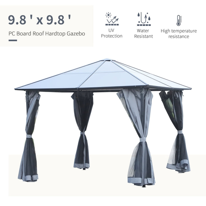 10’ x 10' Aluminum Metal PC Hardtop Gazebo Canopy Shelter w/ Curtains, Mesh Walls - Black, Grey