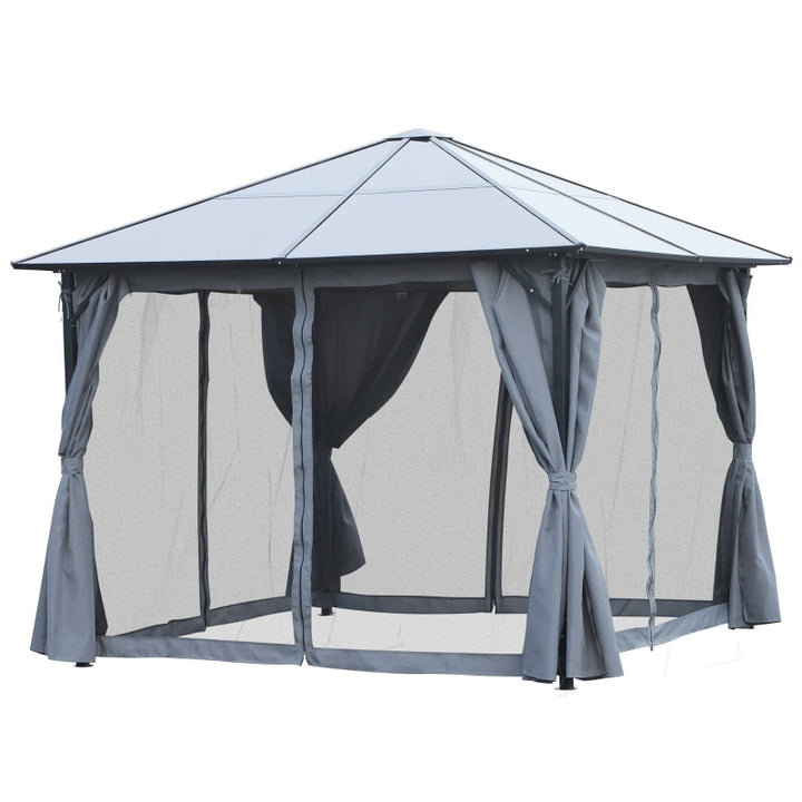 10’ x 10' Aluminum Metal PC Hardtop Gazebo Canopy Shelter w/ Curtains, Mesh Walls - Black, Grey