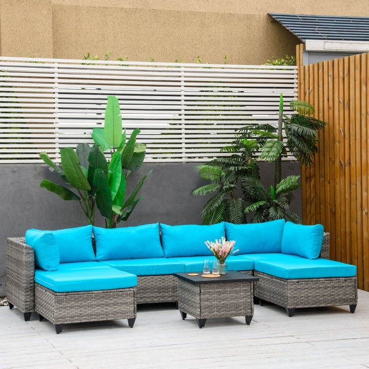 7pc Premium PE Rattan Wicker Galvanized Steel Sectional Patio Sofa w Cushions, Aqua Blue, Grey