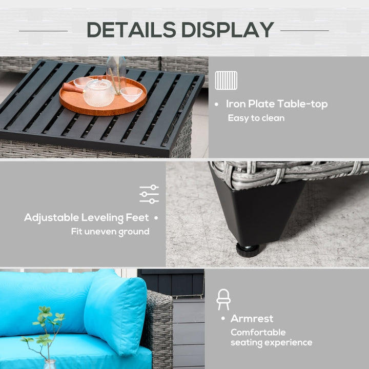 7pc Premium PE Rattan Wicker Galvanized Steel Sectional Patio Sofa w Cushions, Aqua Blue, Grey