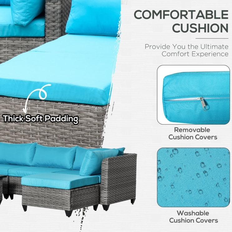7pc Premium PE Rattan Wicker Galvanized Steel Sectional Patio Sofa w Cushions, Aqua Blue, Grey