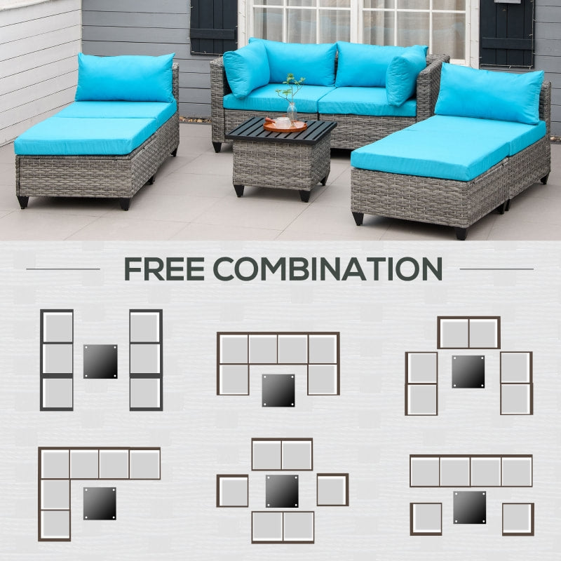 7pc Premium PE Rattan Wicker Galvanized Steel Sectional Patio Sofa w Cushions, Aqua Blue, Grey