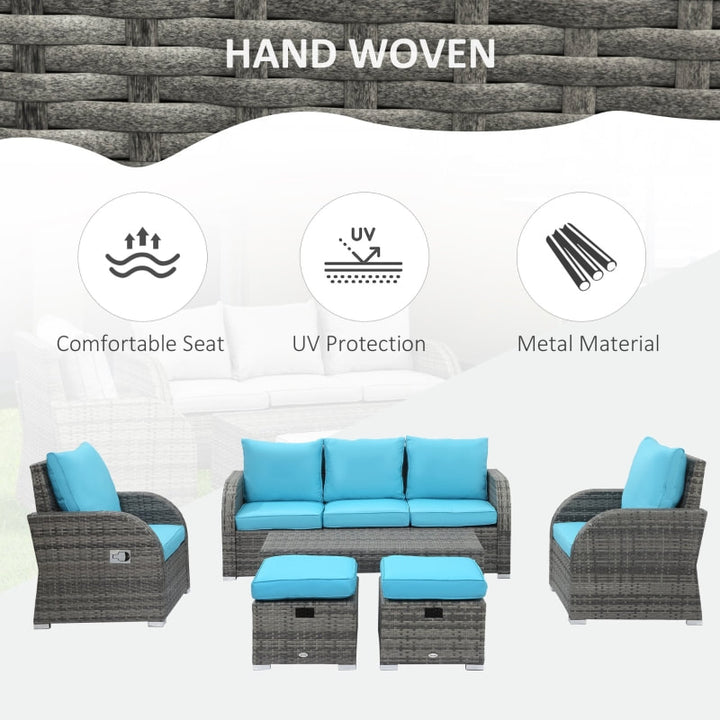 6pc PE Rattan Wicker Compact Conversation Set w/ Recliners for Outdoor Patio – Aqua Blue, Grey