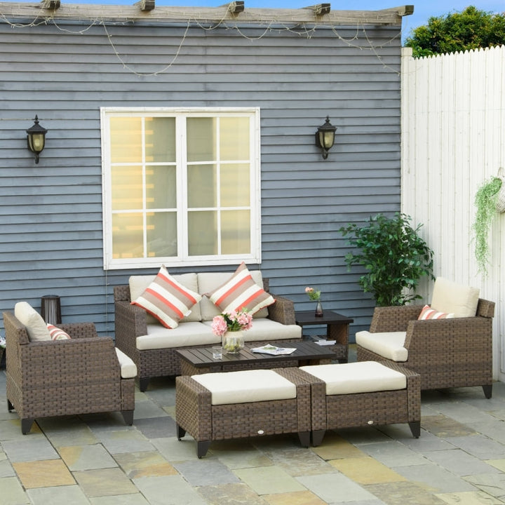 8pc Premium PE Rattan Wicker Conversation Set w/ Cushions for Outdoor Patio Deck, Brown, Beige