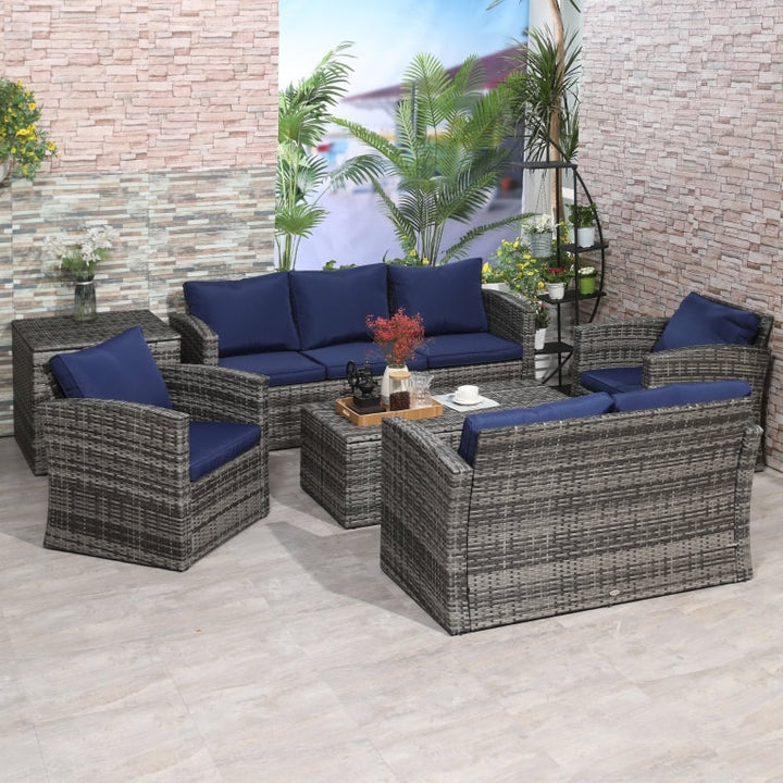 6pc Premium PE Rattan Wicker Conversation Patio Set w Cushions, Storage, Tables - Grey, Dk Blue