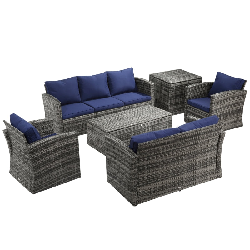6pc Premium PE Rattan Wicker Conversation Patio Set w Cushions, Storage, Tables - Grey, Dk Blue