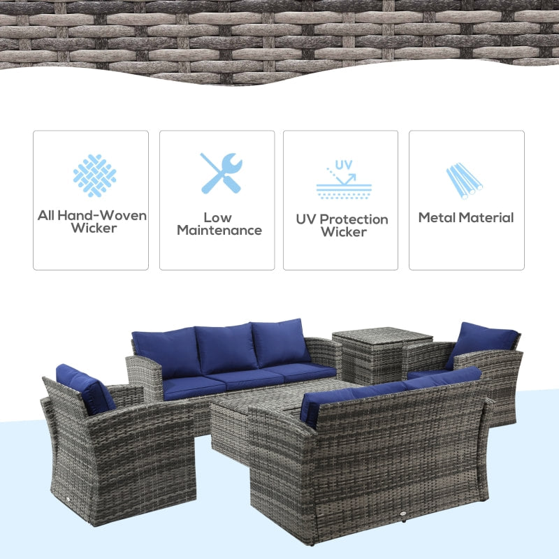 6pc Premium PE Rattan Wicker Conversation Patio Set w Cushions, Storage, Tables - Grey, Dk Blue