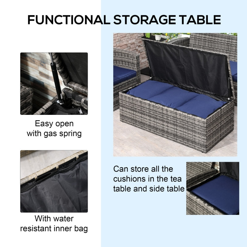 6pc Premium PE Rattan Wicker Conversation Patio Set w Cushions, Storage, Tables - Grey, Dk Blue