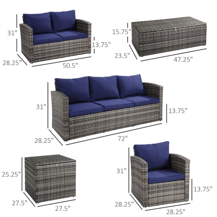 6pc Premium PE Rattan Wicker Conversation Patio Set w Cushions, Storage, Tables - Grey, Dk Blue