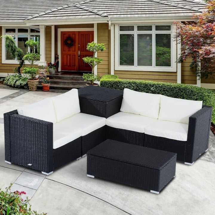 6pc L-Shape Rattan Wicker Sectional Patio Sofa w Storage Tables, Cushions - Black, Cream White
