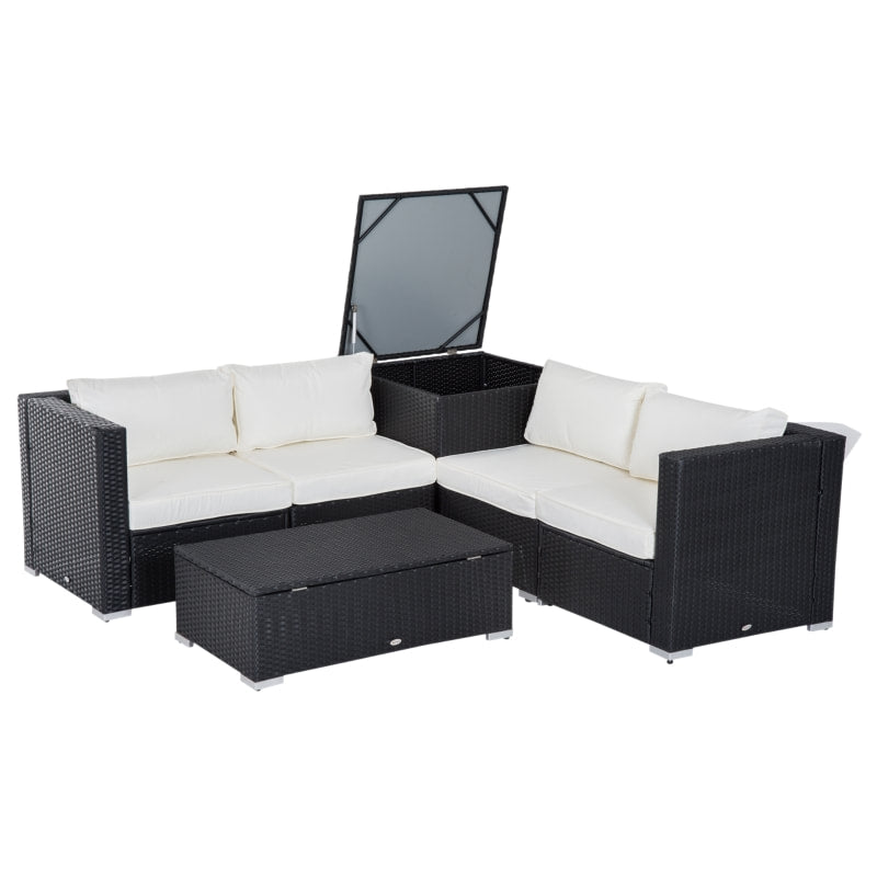 6pc L-Shape Rattan Wicker Sectional Patio Sofa w Storage Tables, Cushions - Black, Cream White