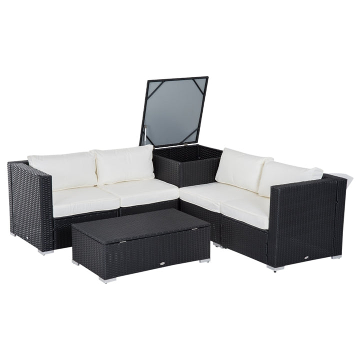 6pc L-Shape Rattan Wicker Sectional Patio Sofa w Storage Tables, Cushions - Black, Cream White