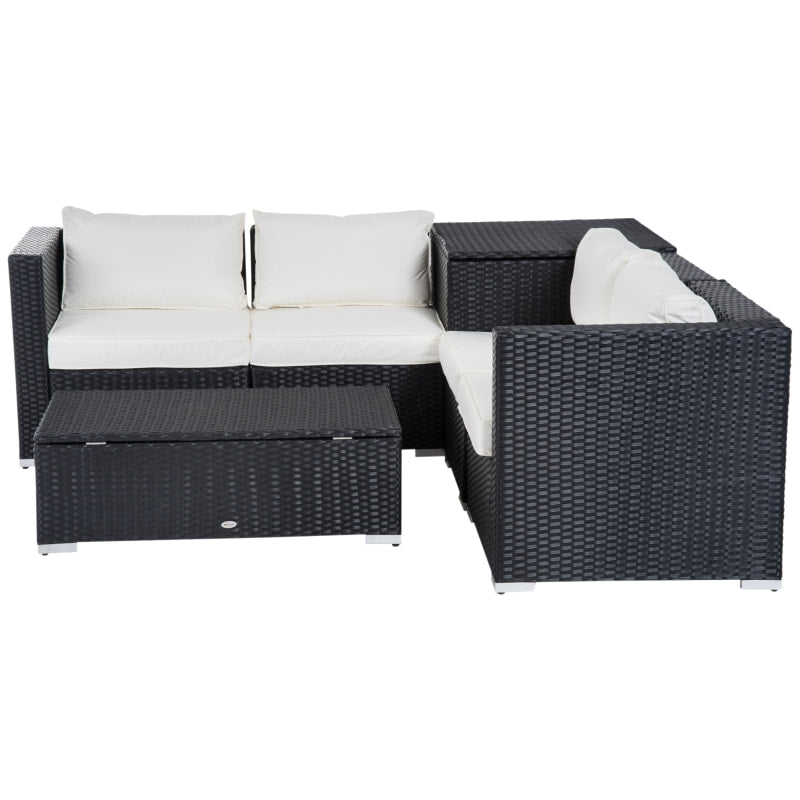 6pc L-Shape Rattan Wicker Sectional Patio Sofa w Storage Tables, Cushions - Black, Cream White