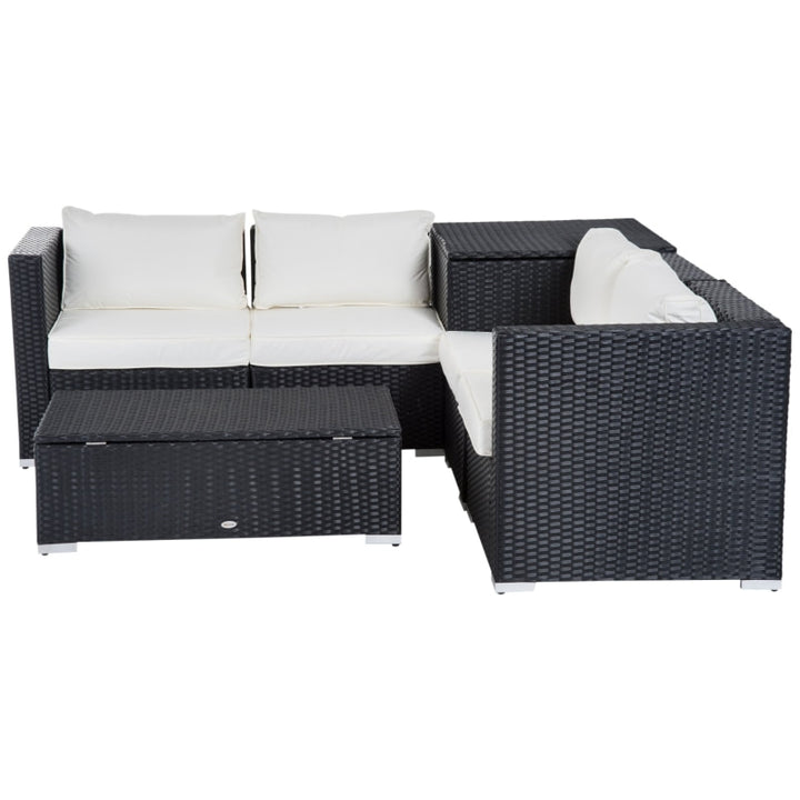 6pc L-Shape Rattan Wicker Sectional Patio Sofa w Storage Tables, Cushions - Black, Cream White