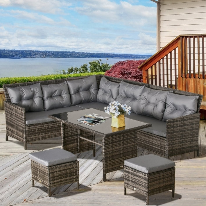 6pc L-Shape PE Rattan Wicker Outdoor Dining Patio Furniture Set w Cushions, Ottomans, Grey Mix