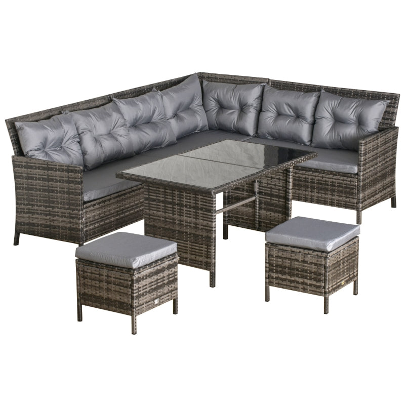 6pc L-Shape PE Rattan Wicker Outdoor Dining Patio Furniture Set w Cushions, Ottomans, Grey Mix