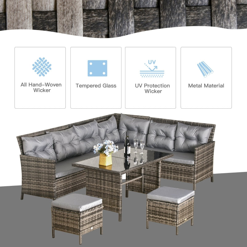 6pc L-Shape PE Rattan Wicker Outdoor Dining Patio Furniture Set w Cushions, Ottomans, Grey Mix