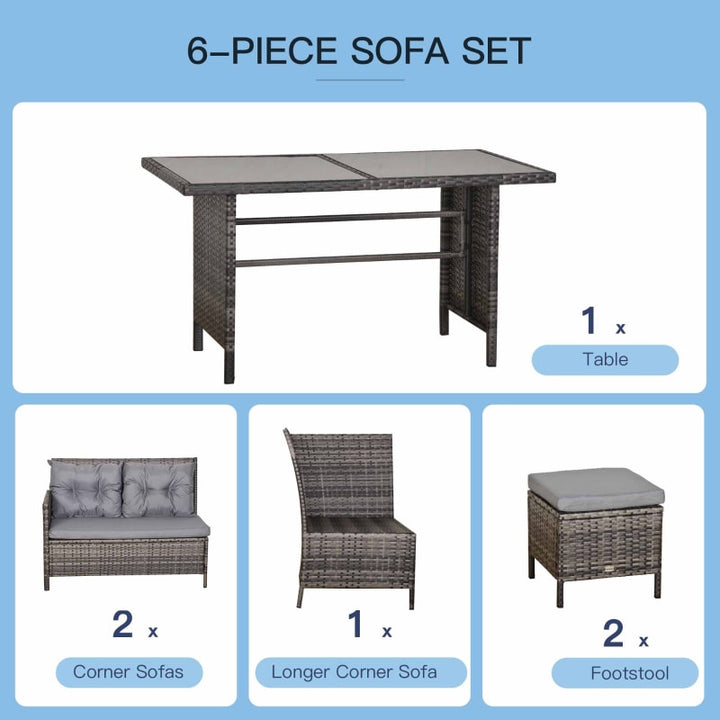 6pc L-Shape PE Rattan Wicker Outdoor Dining Patio Furniture Set w Cushions, Ottomans, Grey Mix