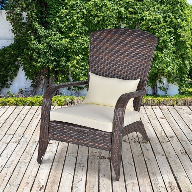 PE Rattan Wicker Muskoka Adirondack Chair Lounger Patio Deck Garden Seat, Brown, Cream Cushion