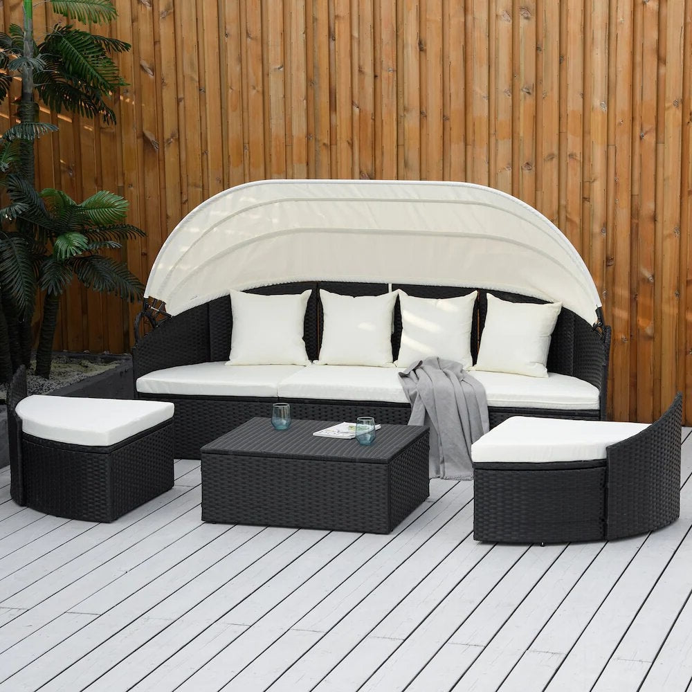 4pc PE Rattan Wicker Canopy Daybed Lounge Patio Conversation Set w Cushions, Cream White, Black