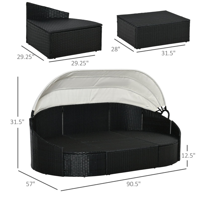 4pc PE Rattan Wicker Canopy Daybed Lounge Patio Conversation Set w Cushions, Cream White, Black