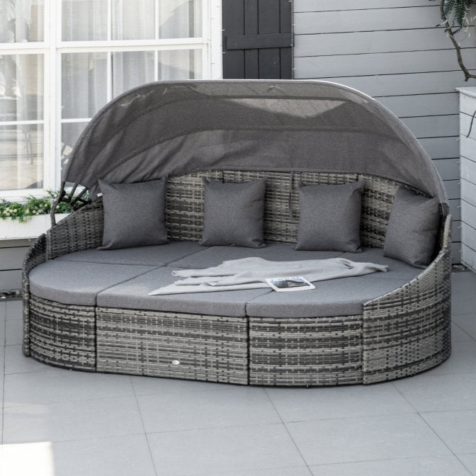 4pc PE Rattan Wicker Canopy Daybed Lounge Outdoor Patio Conversation Set w Cushions, Mixed Grey