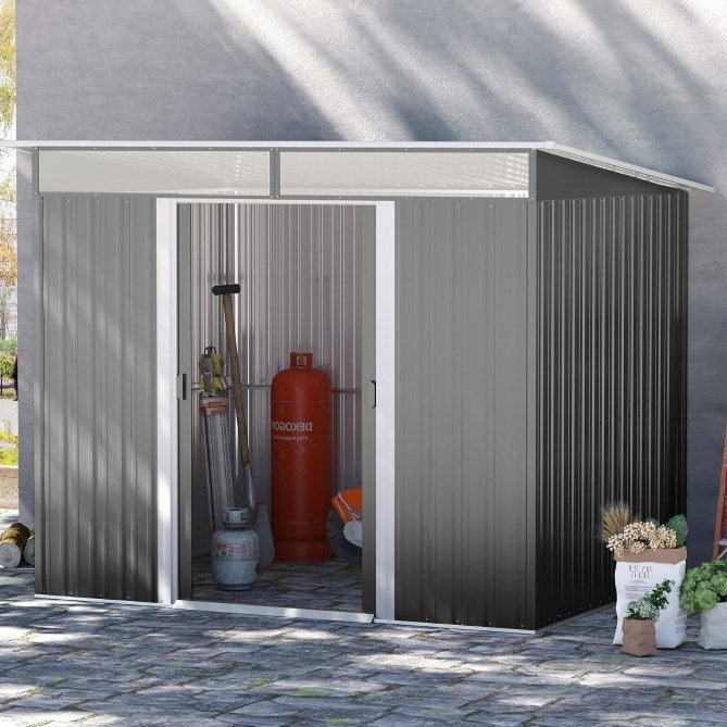 6.5’ x 8.5’ Outdoor Metal Storage Shed Organizer w/ Double Doors, Drainage for Patio - Grey