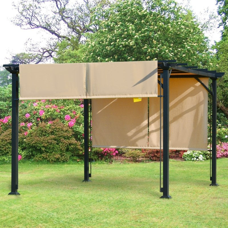 12' x 10' Steel Pergola Gazebo Shelter w Retractable Fabric Roof Shade Deck Patio, Black, Beige