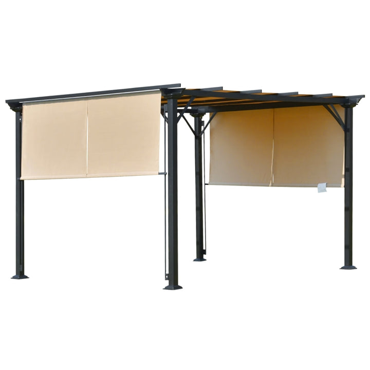 12' x 10' Steel Pergola Gazebo Shelter w Retractable Fabric Roof Shade Deck Patio, Black, Beige