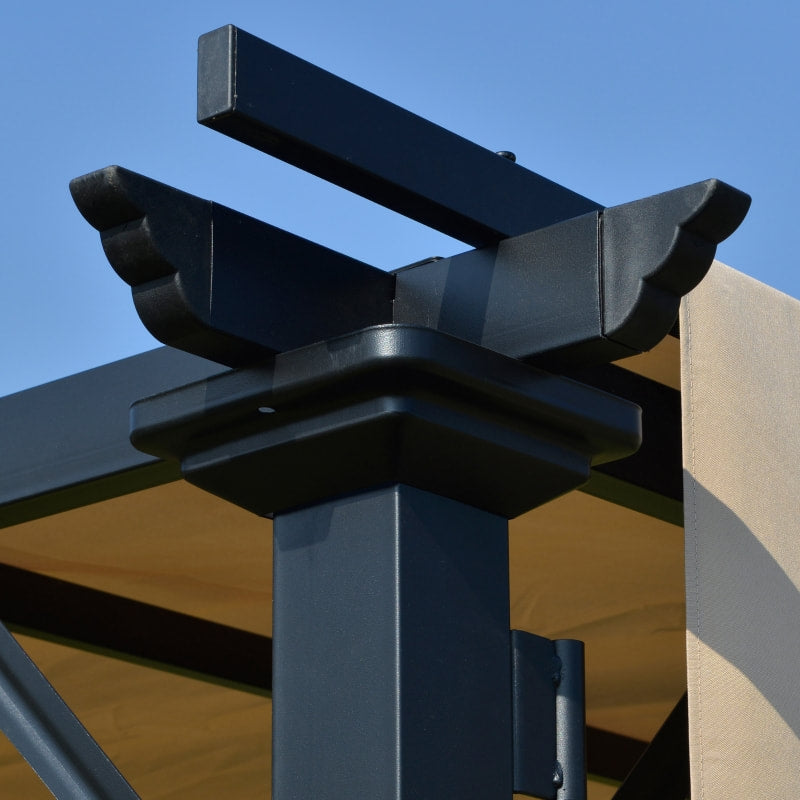 12' x 10' Steel Pergola Gazebo Shelter w Retractable Fabric Roof Shade Deck Patio, Black, Beige